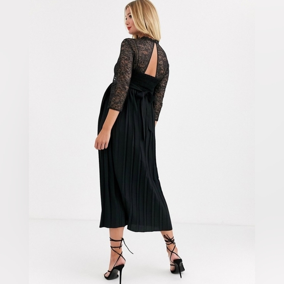 ASOS Little Mistress Maternity pleated midaxi dress with metallic lace in black - Picture 2 of 4